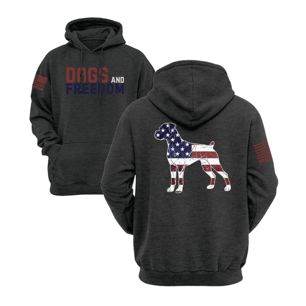 Dogs & Freedom Bulldog Charcoal Heather pullover hoodie — patriotic dog lover hoodie designed and printed in Florida by an American-owned small business.