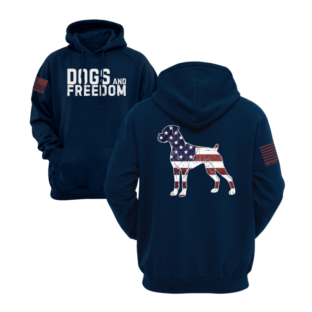 Dogs & Freedom Bulldog Midnight Navy pullover hoodie — patriotic dog lover hoodie designed and printed in Florida by an American-owned small business.