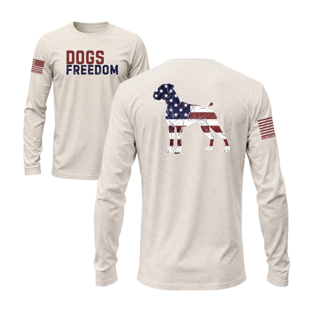 Dogs & Freedom Bulldog Sand long sleeve tee — patriotic dog lover long sleeve designed and printed in Florida by an American-owned small business.