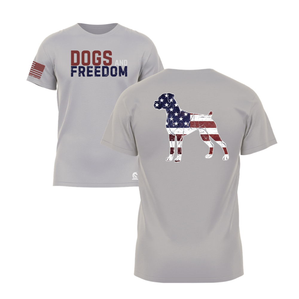 Dogs & Freedom Bulldog Light Grey short sleeve tee — patriotic dog lover t-shirt designed and printed in Florida by an American-owned small business.