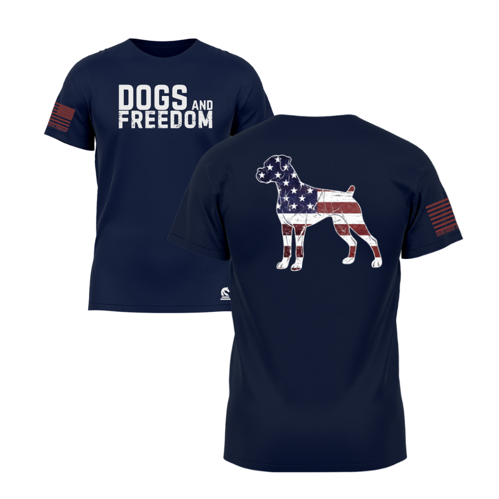 Dogs & Freedom Bulldog Midnight Navy short sleeve tee — patriotic dog lover t-shirt designed and printed in Florida by an American-owned small business.