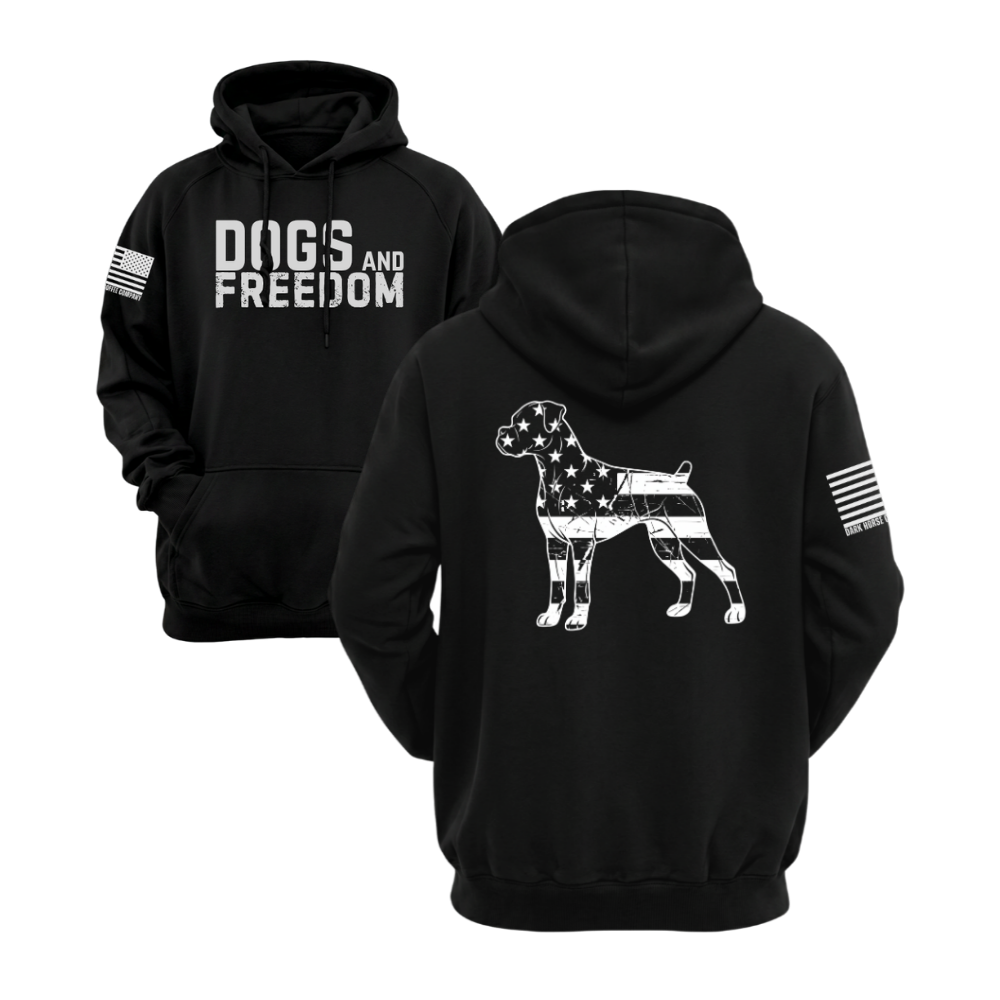 Dogs & Freedom Bulldog Black pullover hoodie — patriotic dog lover hoodie designed and printed in Florida by an American-owned small business.