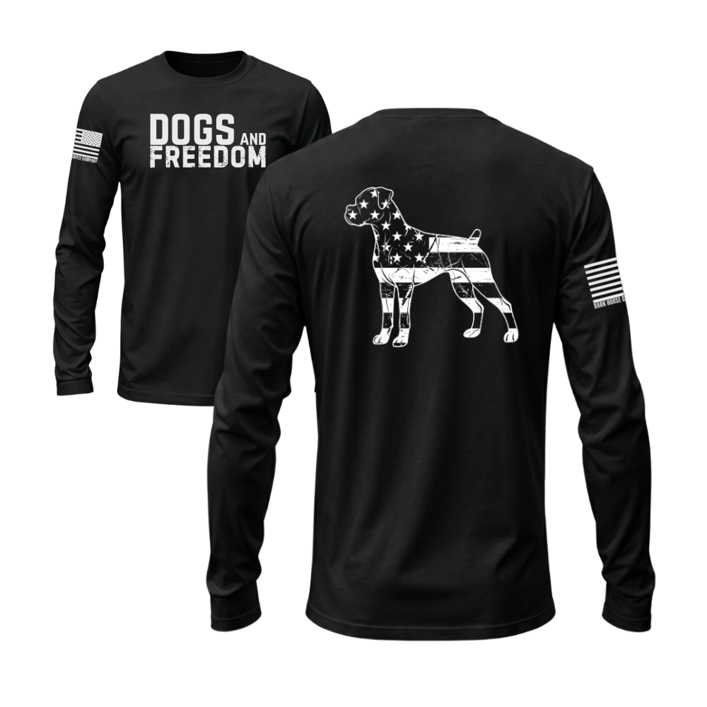 Dogs & Freedom Bulldog Black long sleeve tee — patriotic dog lover long sleeve designed and printed in Florida by an American-owned small business.