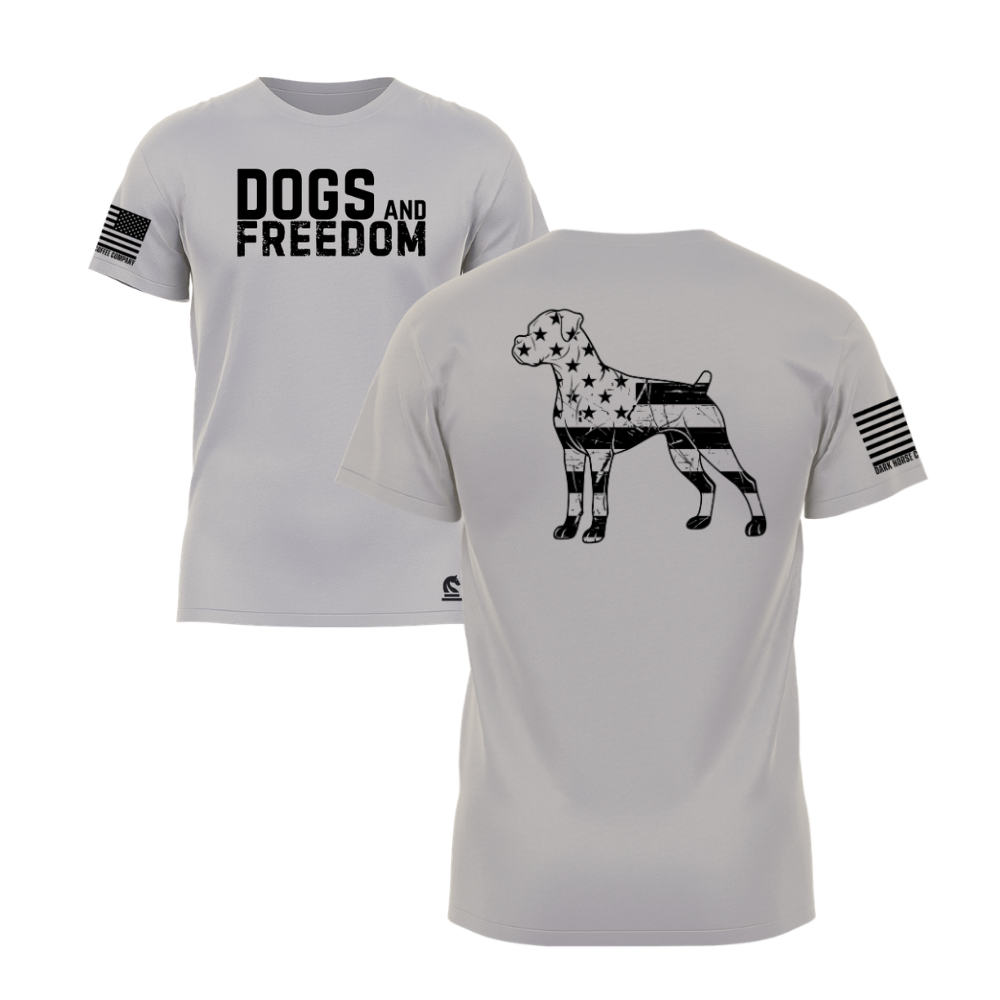 Dogs & Freedom Bulldog Light Grey short sleeve tee — patriotic dog lover t-shirt designed and printed in Florida by an American-owned small business.