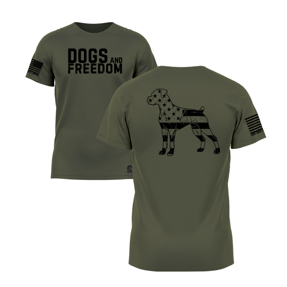 Dogs & Freedom Bulldog Military Green short sleeve tee — patriotic dog lover t-shirt designed and printed in Florida by an American-owned small business.