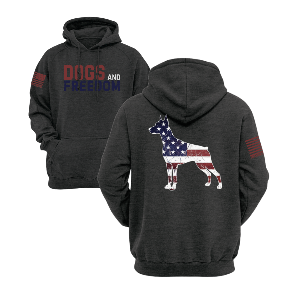 Dogs & Freedom Doberman Charcoal Heather pullover hoodie — patriotic dog lover hoodie designed and printed in Florida by an American-owned small business.