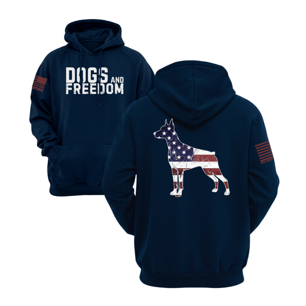 Dogs & Freedom Doberman Midnight Navy pullover hoodie — patriotic dog lover hoodie designed and printed in Florida by an American-owned small business.