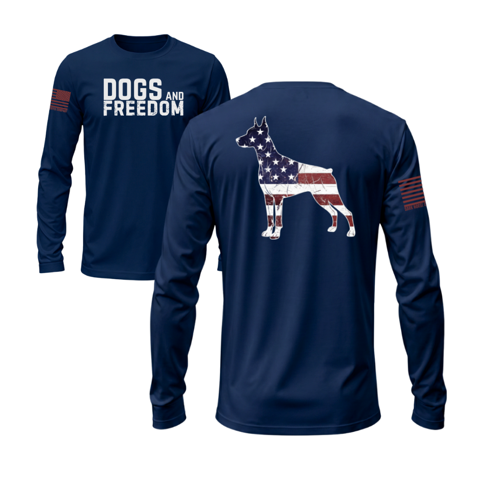 Dogs & Freedom Doberman Midnight Navy long sleeve tee — patriotic dog lover long sleeve designed and printed in Florida by an American-owned small business.