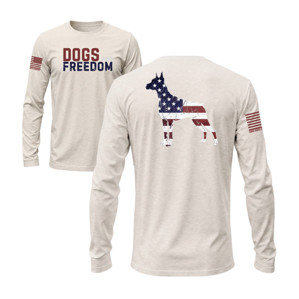 Dogs & Freedom Doberman Sand long sleeve tee — patriotic dog lover long sleeve designed and printed in Florida by an American-owned small business.