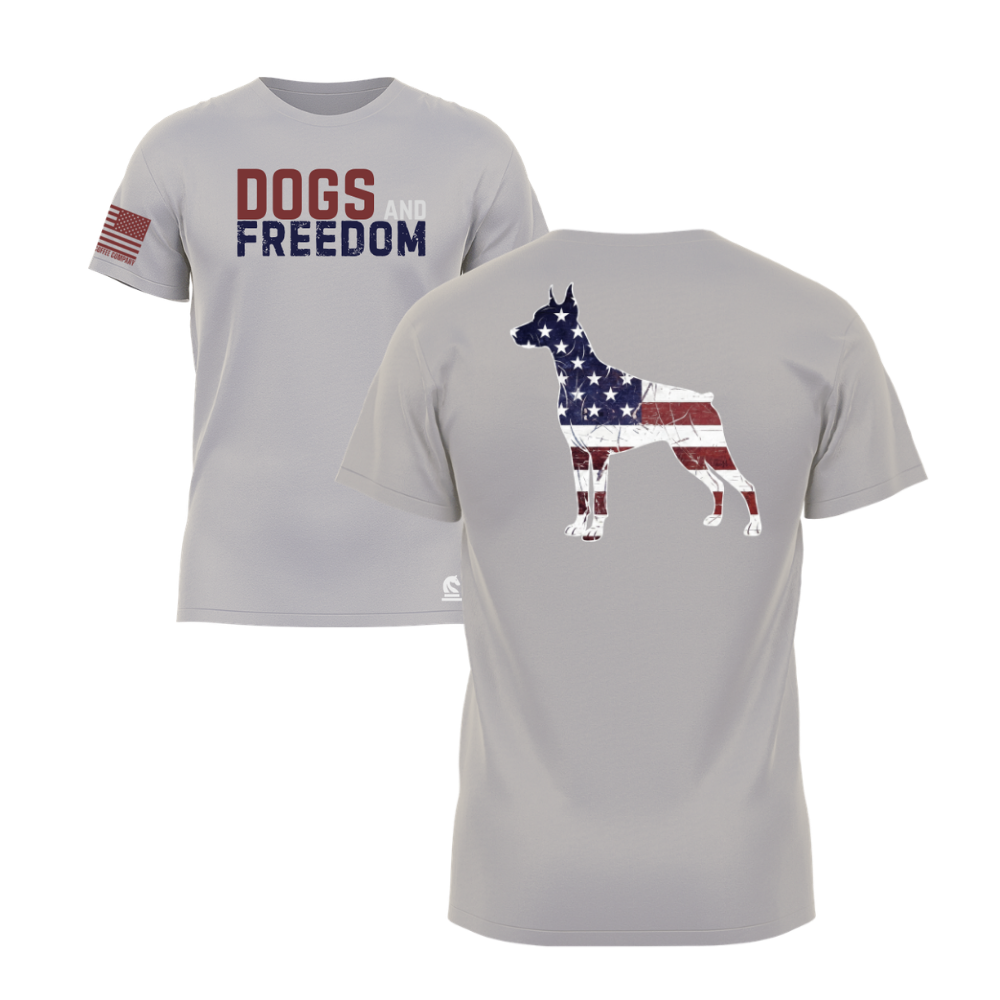 Dogs & Freedom Doberman Light Grey short sleeve tee — patriotic dog lover t-shirt designed and printed in Florida by an American-owned small business.
