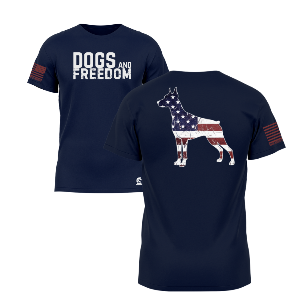 Dogs & Freedom Doberman Midnight Navy short sleeve tee — patriotic dog lover t-shirt designed and printed in Florida by an American-owned small business.