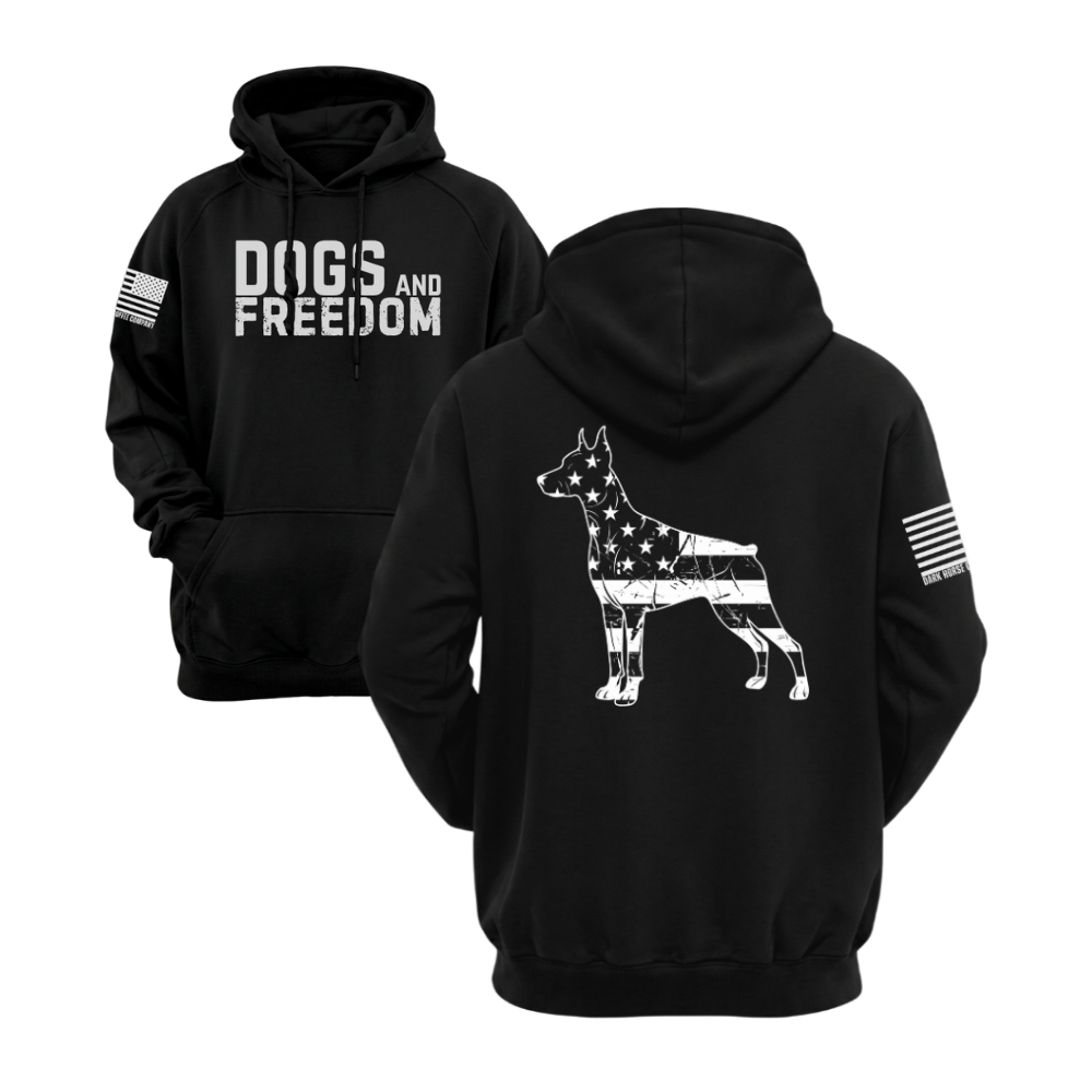 Dogs & Freedom Doberman Black pullover hoodie — patriotic dog lover hoodie designed and printed in Florida by an American-owned small business.