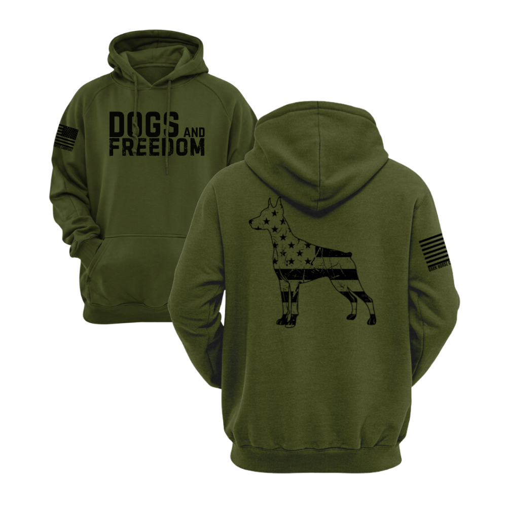 Dogs & Freedom Doberman Military Green pullover hoodie — patriotic dog lover hoodie designed and printed in Florida by an American-owned small business.