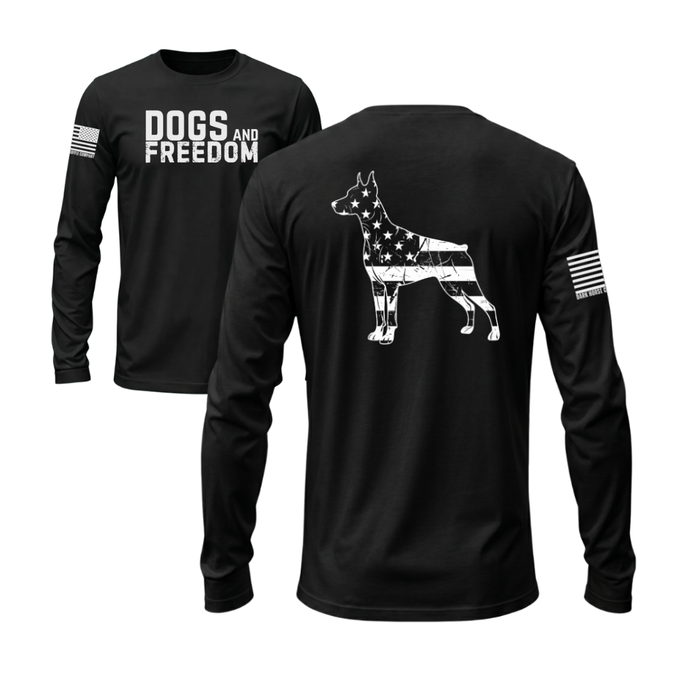 Dogs & Freedom Doberman Black long sleeve tee — patriotic dog lover long sleeve designed and printed in Florida by an American-owned small business.
