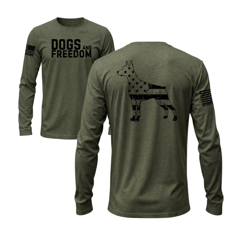 Dogs & Freedom Doberman Military Green long sleeve tee — patriotic dog lover long sleeve designed and printed in Florida by an American-owned small business.
