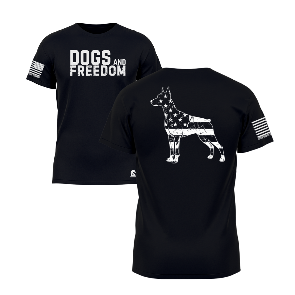 Dogs & Freedom Doberman Black short sleeve tee — patriotic dog lover t-shirt designed and printed in Florida by an American-owned small business.