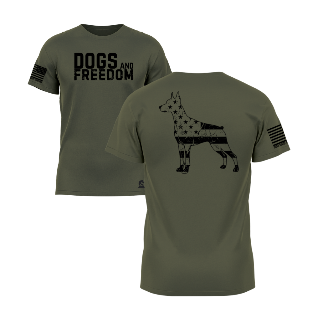 Dogs & Freedom Doberman Military Green short sleeve tee — patriotic dog lover t-shirt designed and printed in Florida by an American-owned small business.