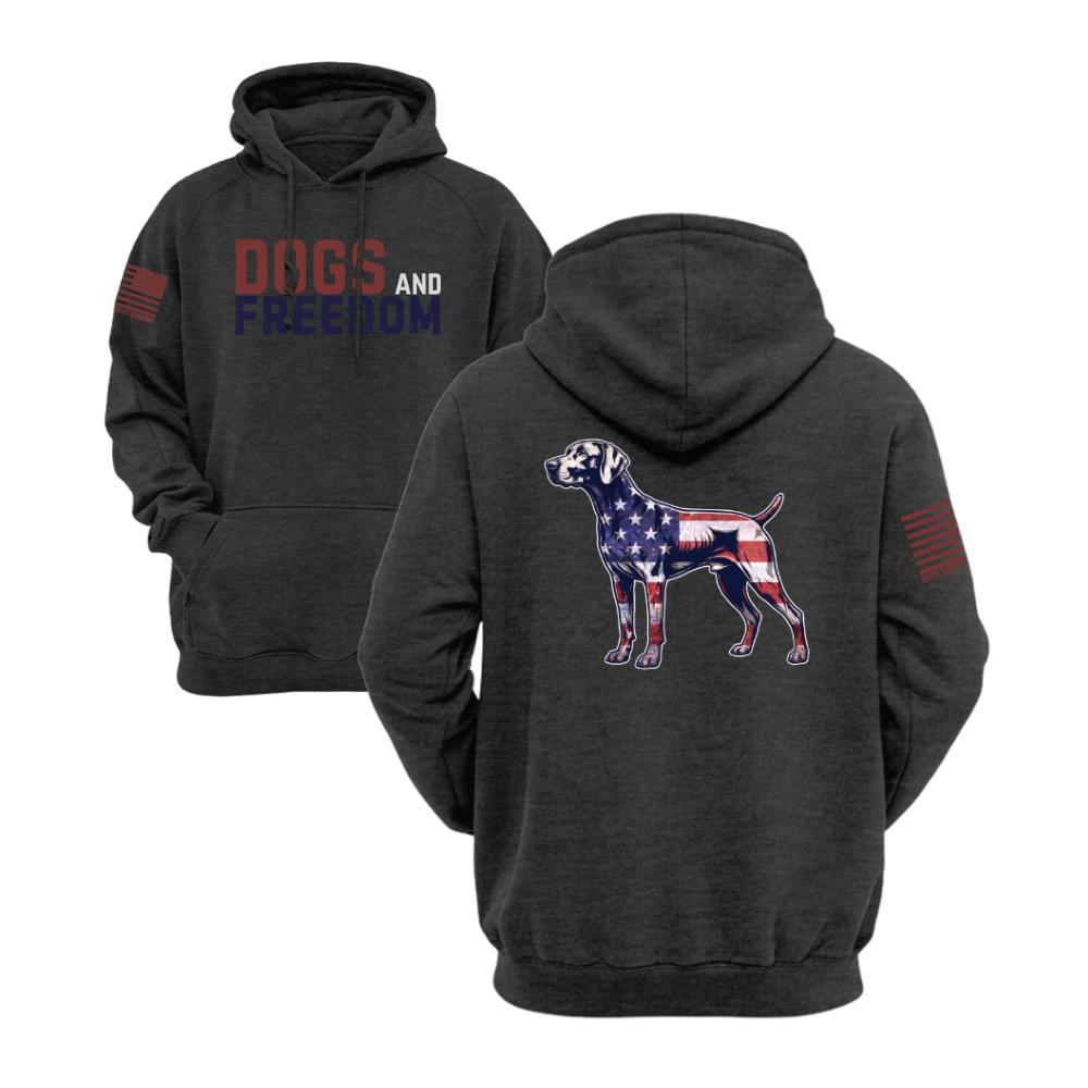 Dogs & Freedom German Shorthaired Pointer Charcoal Heather pullover hoodie — patriotic dog lover hoodie designed and printed in Florida by an American-owned small business.