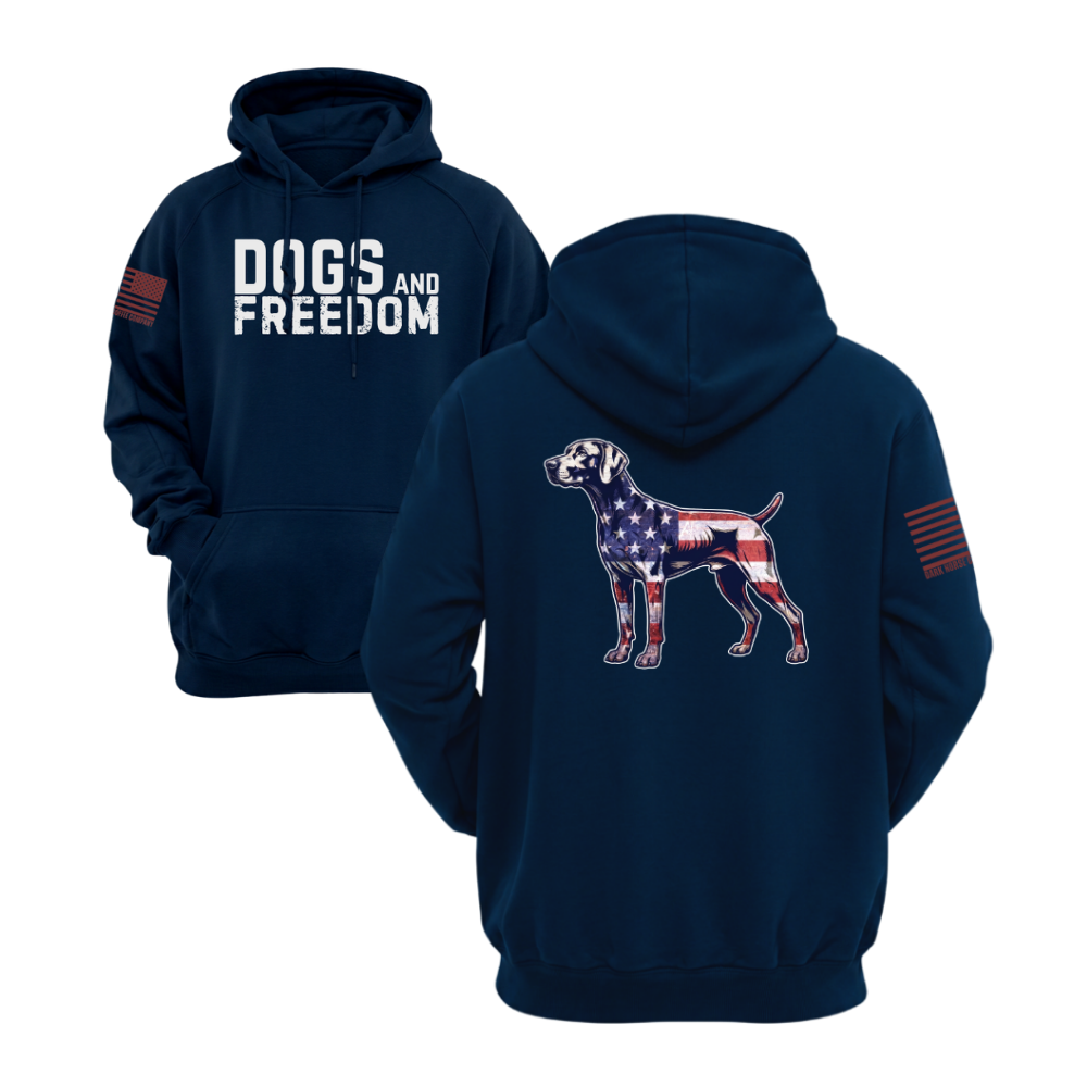 Dogs & Freedom German Shorthaired Pointer Midnight Navy pullover hoodie — patriotic dog lover hoodie designed and printed in Florida by an American-owned small business.