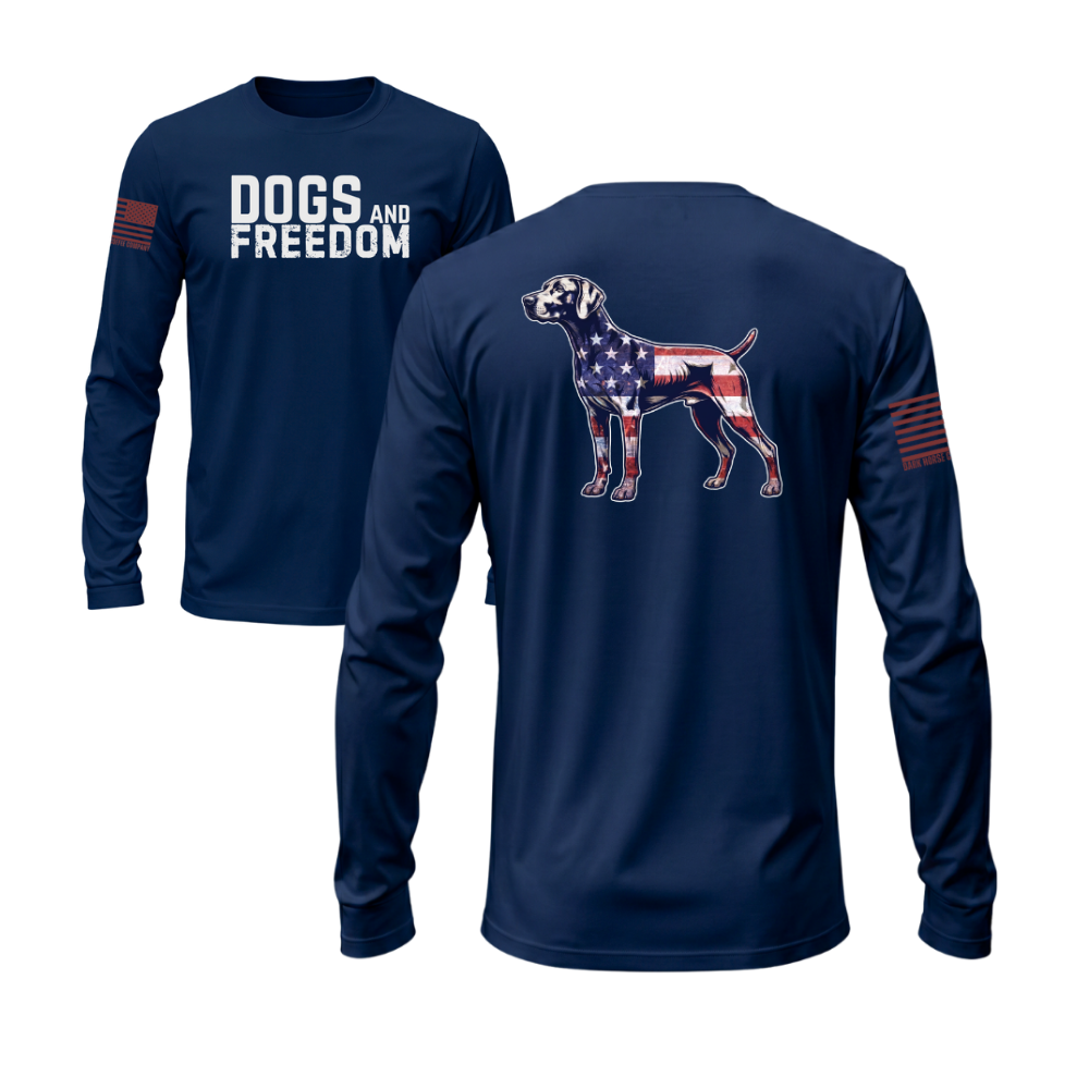 Dogs & Freedom German Shorthaired Pointer Midnight Navy long sleeve tee — patriotic dog lover long sleeve designed and printed in Florida by an American-owned small business.