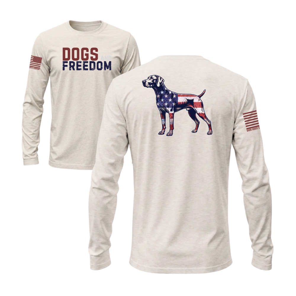 Dogs & Freedom German Shorthaired Pointer Sand long sleeve tee — patriotic dog lover long sleeve designed and printed in Florida by an American-owned small business.