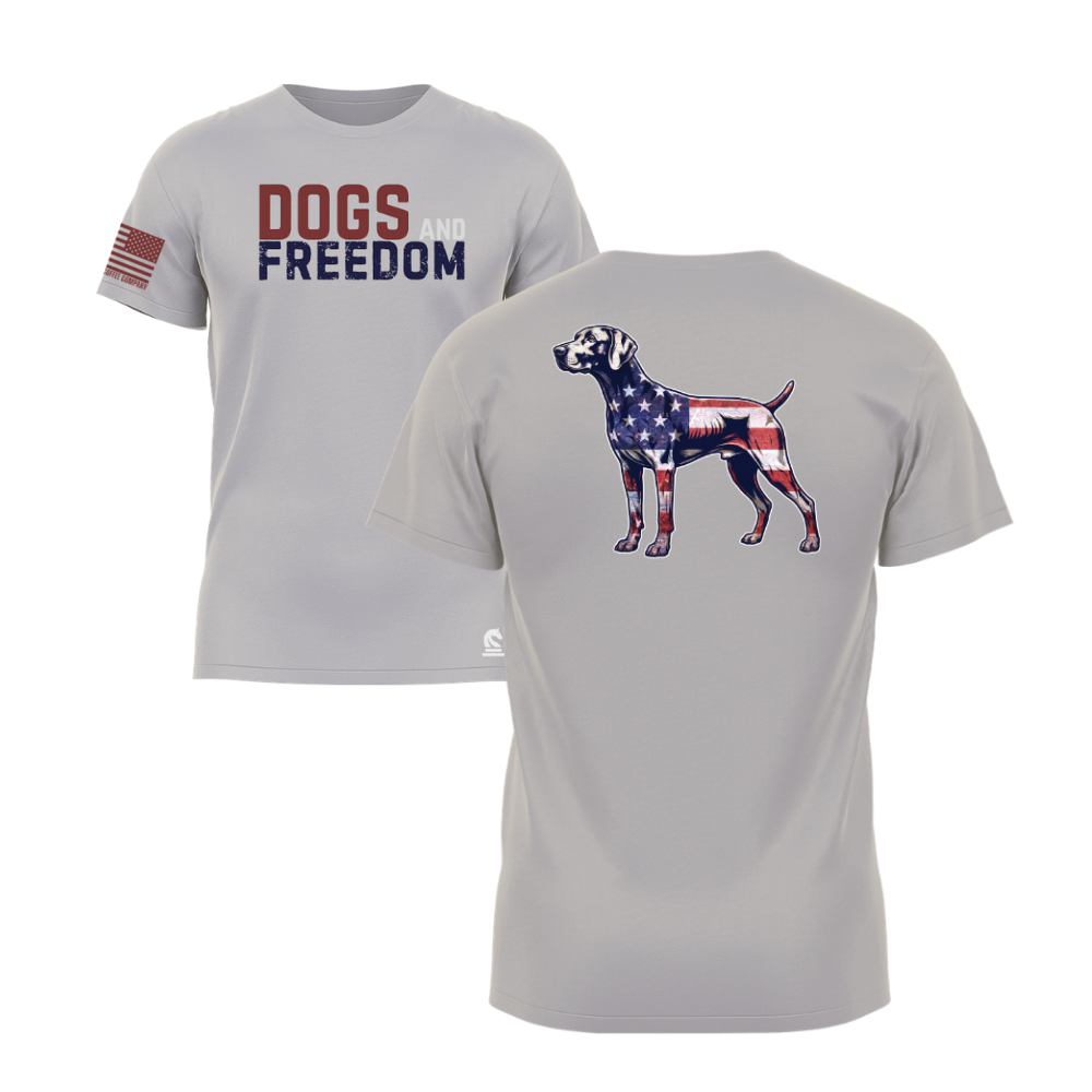 Dogs & Freedom German Shorthaired Pointer Light Grey short sleeve tee — patriotic dog lover t-shirt designed and printed in Florida by an American-owned small business.