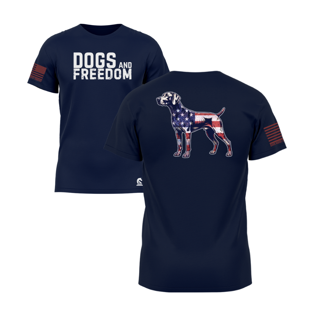 Dogs & Freedom German Shorthaired Pointer Midnight Navy short sleeve tee — patriotic dog lover t-shirt designed and printed in Florida by an American-owned small business.