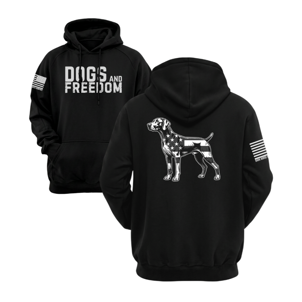 Dogs & Freedom German Shorthaired Pointer Black pullover hoodie — patriotic dog lover hoodie designed and printed in Florida by an American-owned small business.