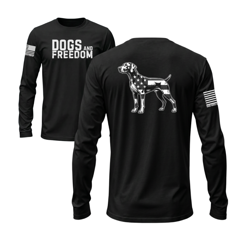 Dogs & Freedom German Shorthaired Pointer Black long sleeve tee — patriotic dog lover long sleeve designed and printed in Florida by an American-owned small business.