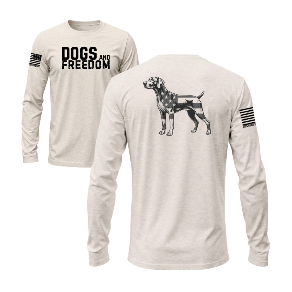 Dogs & Freedom German Shorthaired Pointer Light Grey long sleeve tee — patriotic dog lover long sleeve designed and printed in Florida by an American-owned small business.