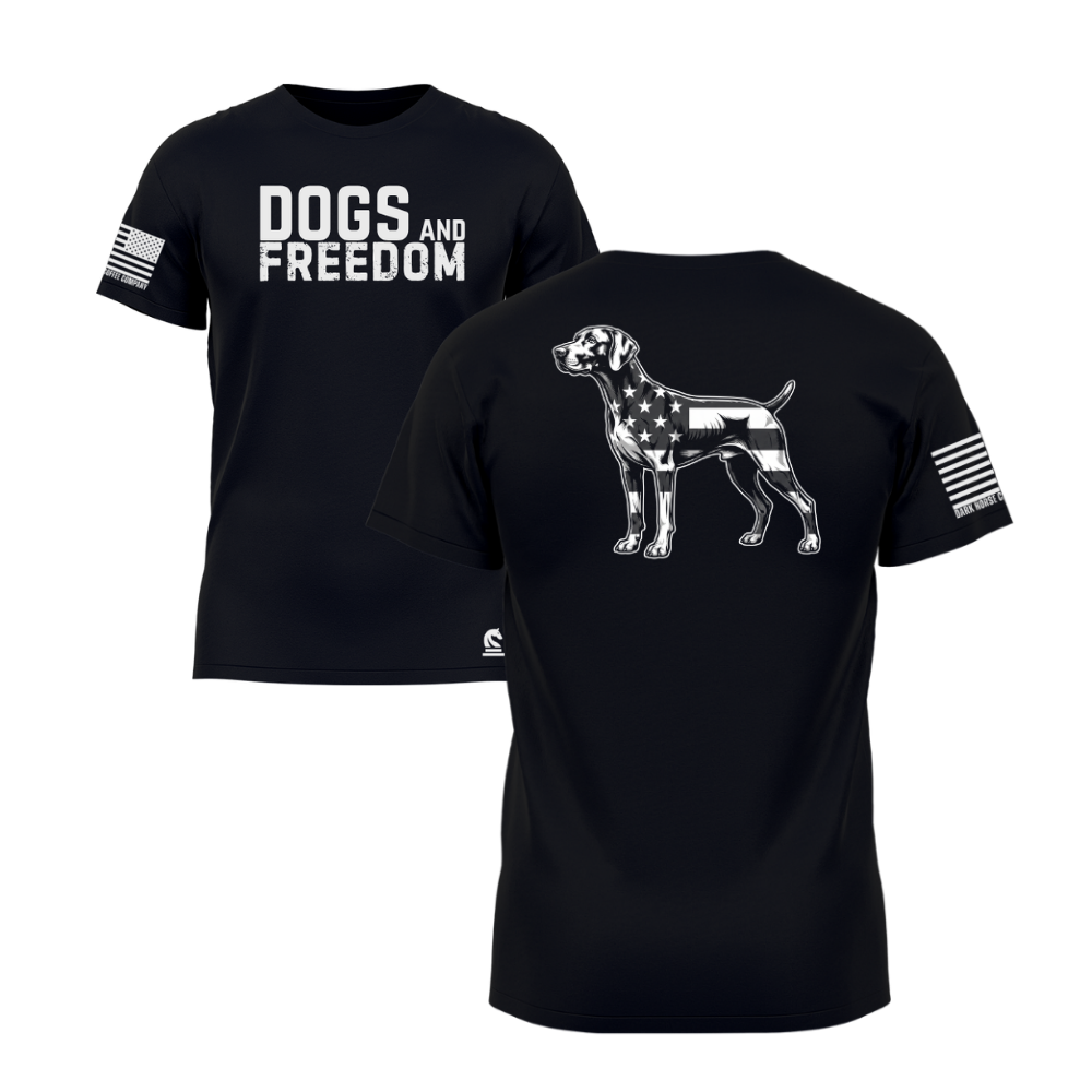 Dogs & Freedom German Shorthaired Pointer Black short sleeve tee — patriotic dog lover t-shirt designed and printed in Florida by an American-owned small business.
