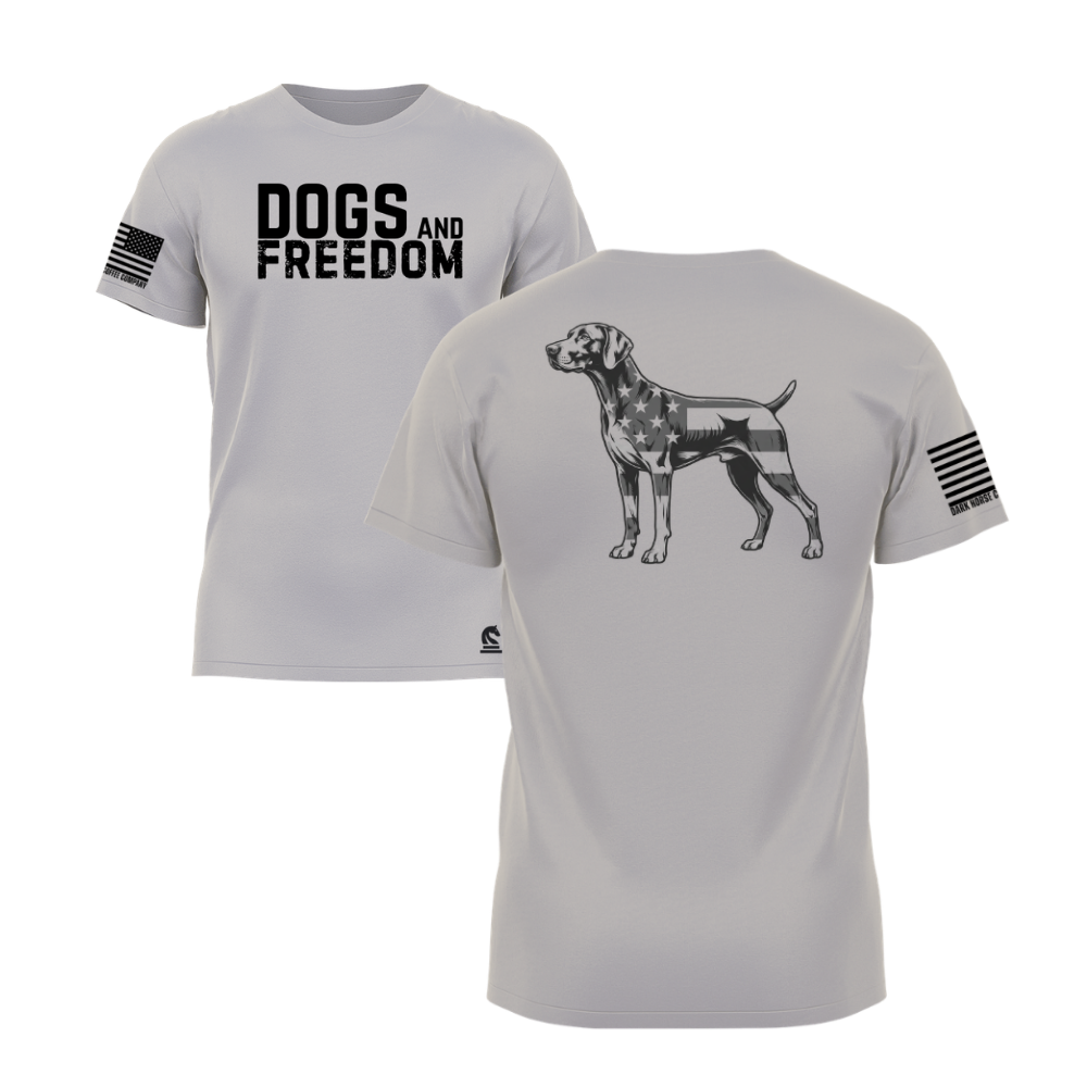 Dogs & Freedom German Shorthaired Pointer Light Grey short sleeve tee — patriotic dog lover t-shirt designed and printed in Florida by an American-owned small business.