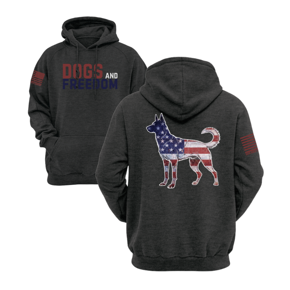 Dogs & Freedom K9 Charcoal Heather pullover hoodie — patriotic dog lover hoodie designed and printed in Florida by an American-owned small business.
