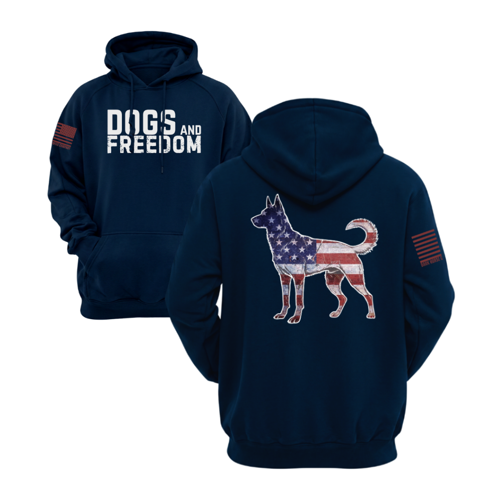 Dogs & Freedom K9 Midnight Navy pullover hoodie — patriotic dog lover hoodie designed and printed in Florida by an American-owned small business.