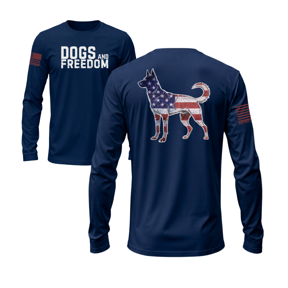 Dogs & Freedom K9 Midnight Navy long sleeve tee — patriotic dog lover long sleeve designed and printed in Florida by an American-owned small business.
