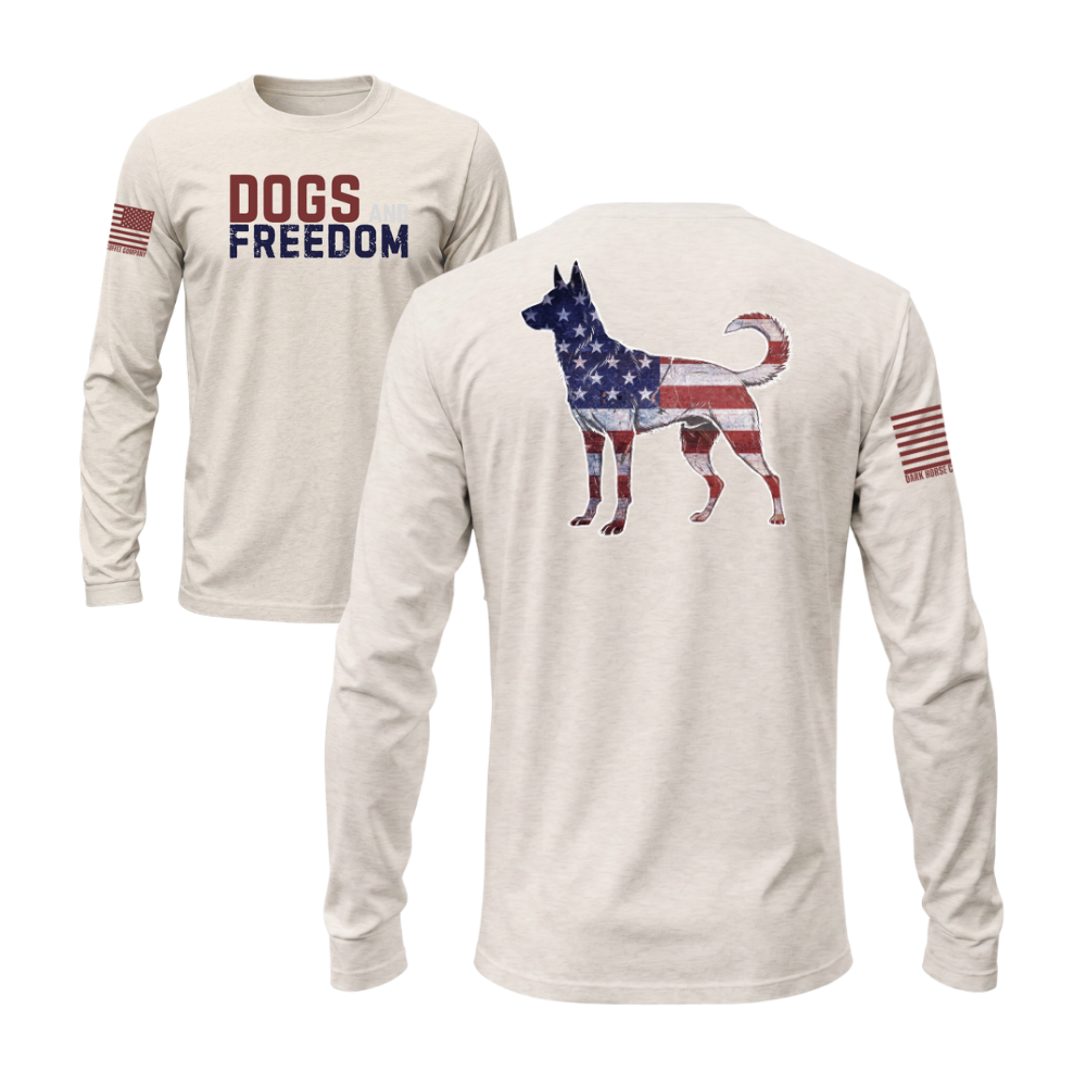 Dogs & Freedom K9 Sand long sleeve tee — patriotic dog lover long sleeve designed and printed in Florida by an American-owned small business.