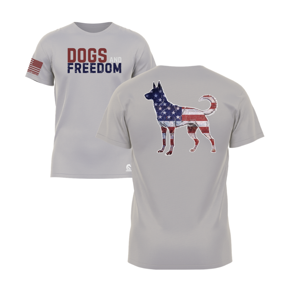 Dogs & Freedom K9 Light Grey short sleeve tee — patriotic dog lover t-shirt designed and printed in Florida by an American-owned small business.