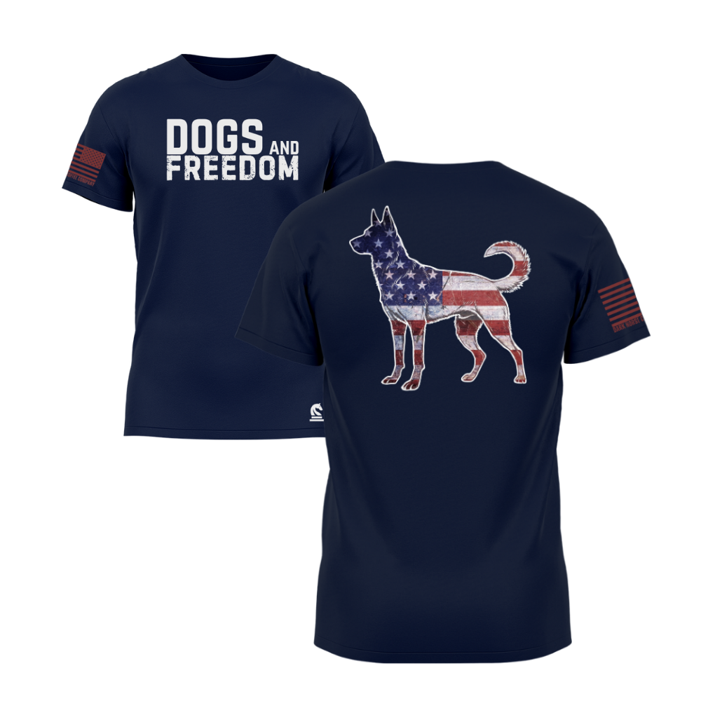 Dogs & Freedom K9 Midnight Navy short sleeve tee — patriotic dog lover t-shirt designed and printed in Florida by an American-owned small business.