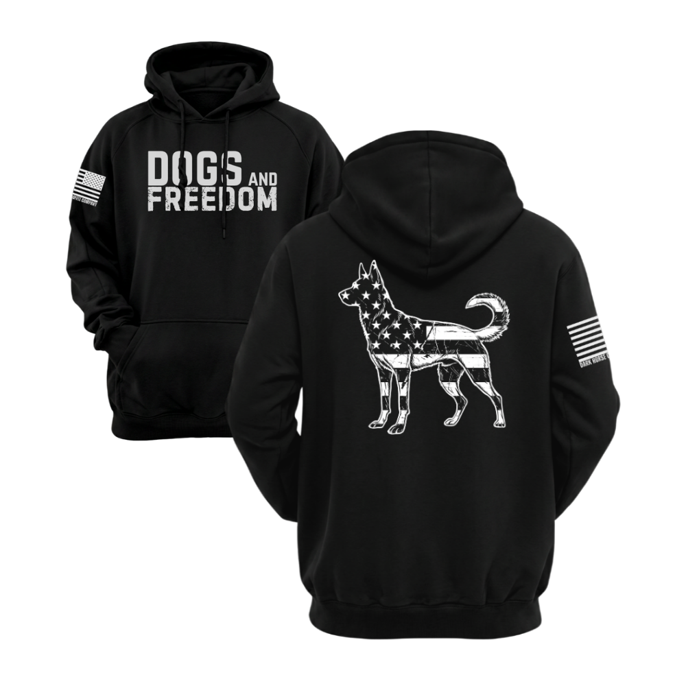 Dogs & Freedom K9 Black pullover hoodie — patriotic dog lover hoodie designed and printed in Florida by an American-owned small business.