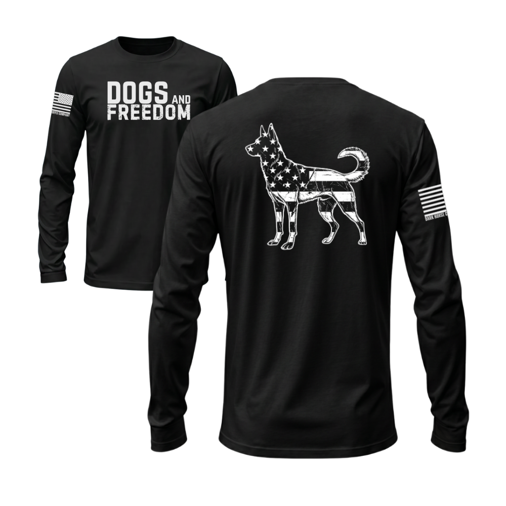 Dogs & Freedom K9 Black long sleeve tee — patriotic dog lover long sleeve designed and printed in Florida by an American-owned small business.