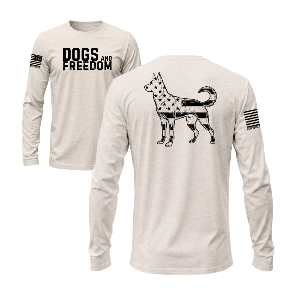 Dogs & Freedom K9 Sand long sleeve tee — patriotic dog lover long sleeve designed and printed in Florida by an American-owned small business.