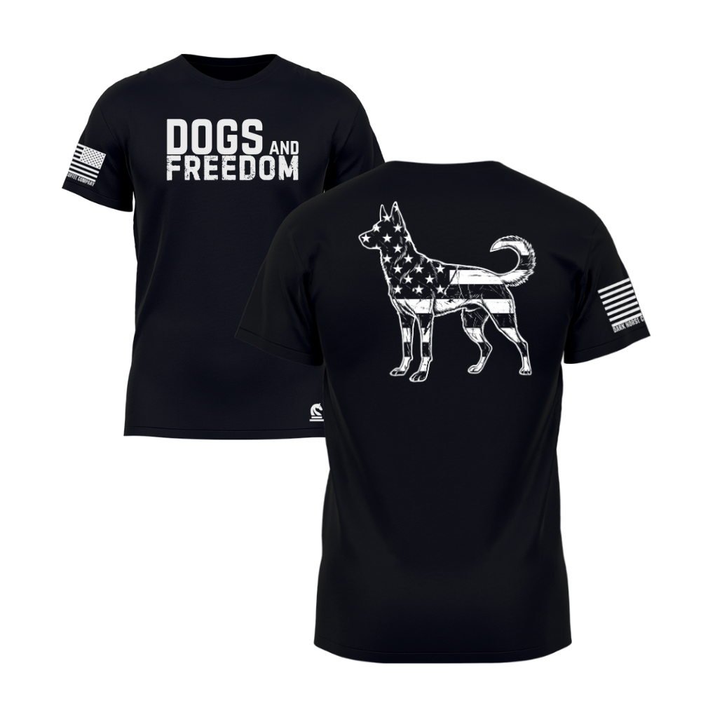 Dogs & Freedom K9 Black short sleeve tee — patriotic dog lover t-shirt designed and printed in Florida by an American-owned small business.