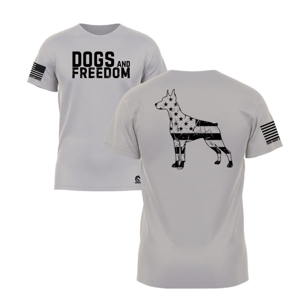 Dogs & Freedom K9 Light Grey short sleeve tee — patriotic dog lover t-shirt designed and printed in Florida by an American-owned small business.