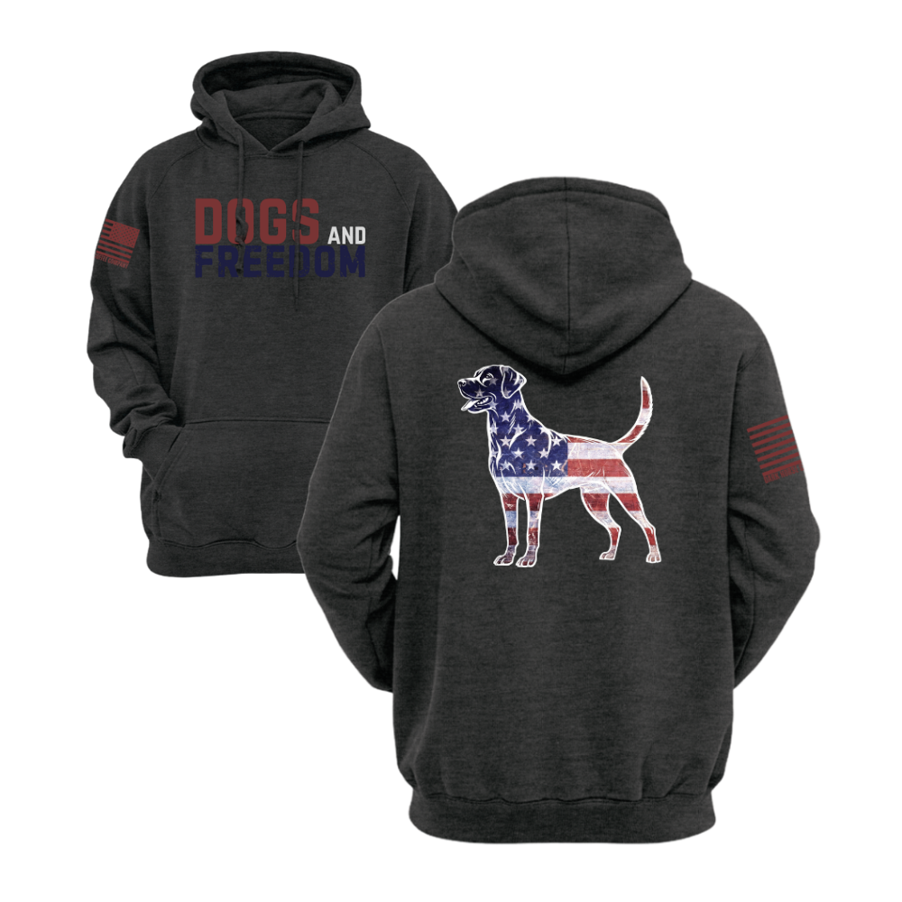 Dogs & Freedom Lab Charcoal Heather pullover hoodie — patriotic dog lover hoodie designed and printed in Florida by an American-owned small business.