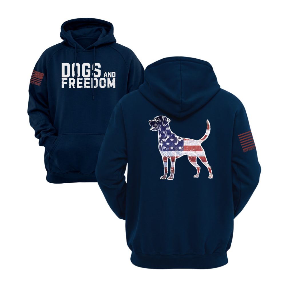 Dogs & Freedom Lab Midnight Navy pullover hoodie — patriotic dog lover hoodie designed and printed in Florida by an American-owned small business.