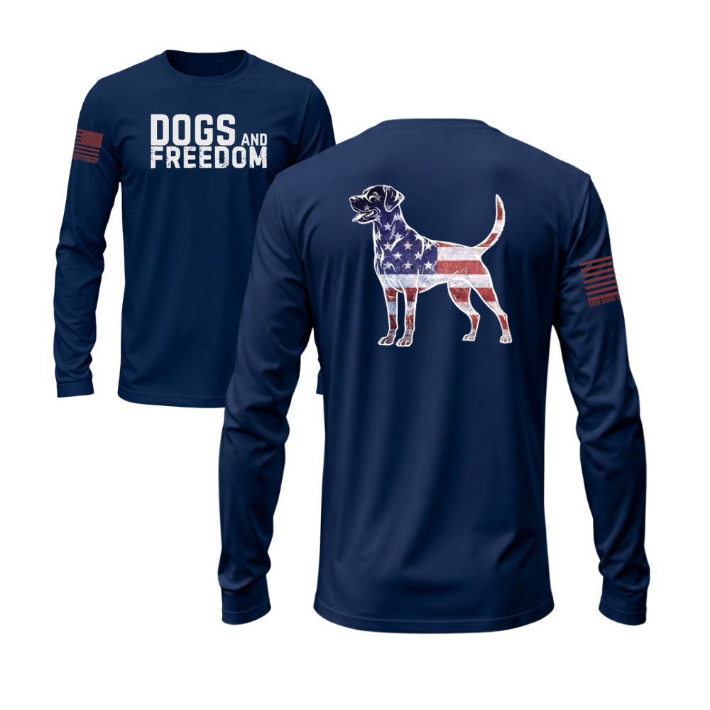 Dogs & Freedom Lab Midnight Navy long sleeve tee — patriotic dog lover long sleeve designed and printed in Florida by an American-owned small business.