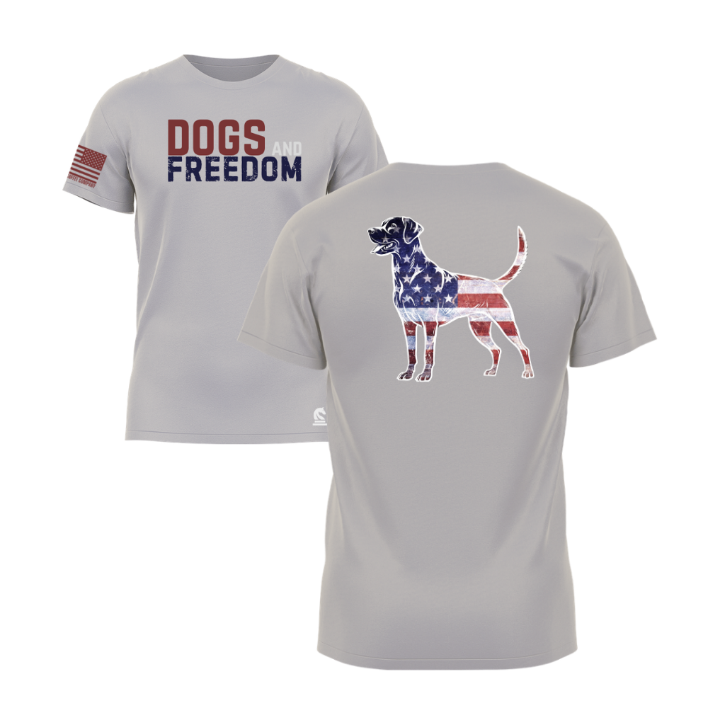 Dogs & Freedom Lab Light Grey short sleeve tee — patriotic dog lover t-shirt designed and printed in Florida by an American-owned small business.
