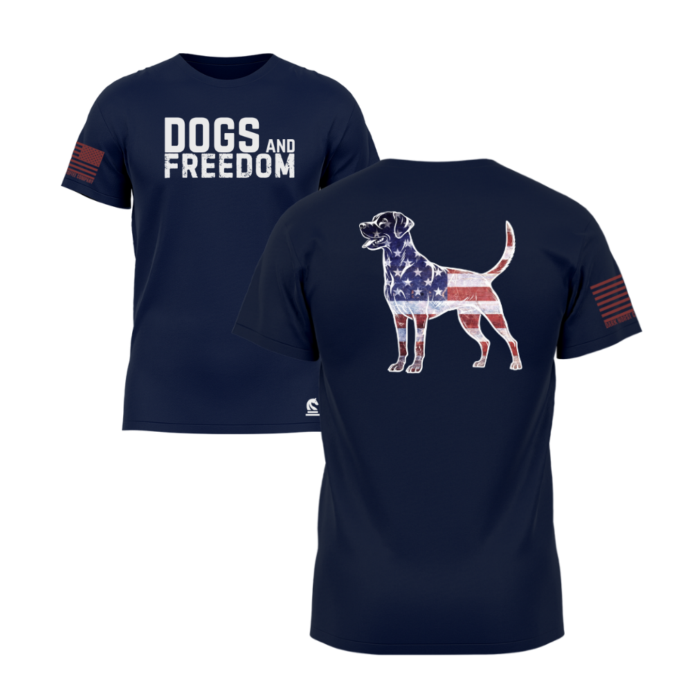 Dogs & Freedom Lab Midnight Navy short sleeve tee — patriotic dog lover t-shirt designed and printed in Florida by an American-owned small business.