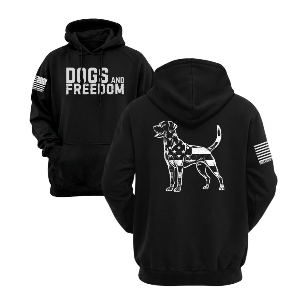 Dogs & Freedom Lab Black pullover hoodie — patriotic dog lover hoodie designed and printed in Florida by an American-owned small business.