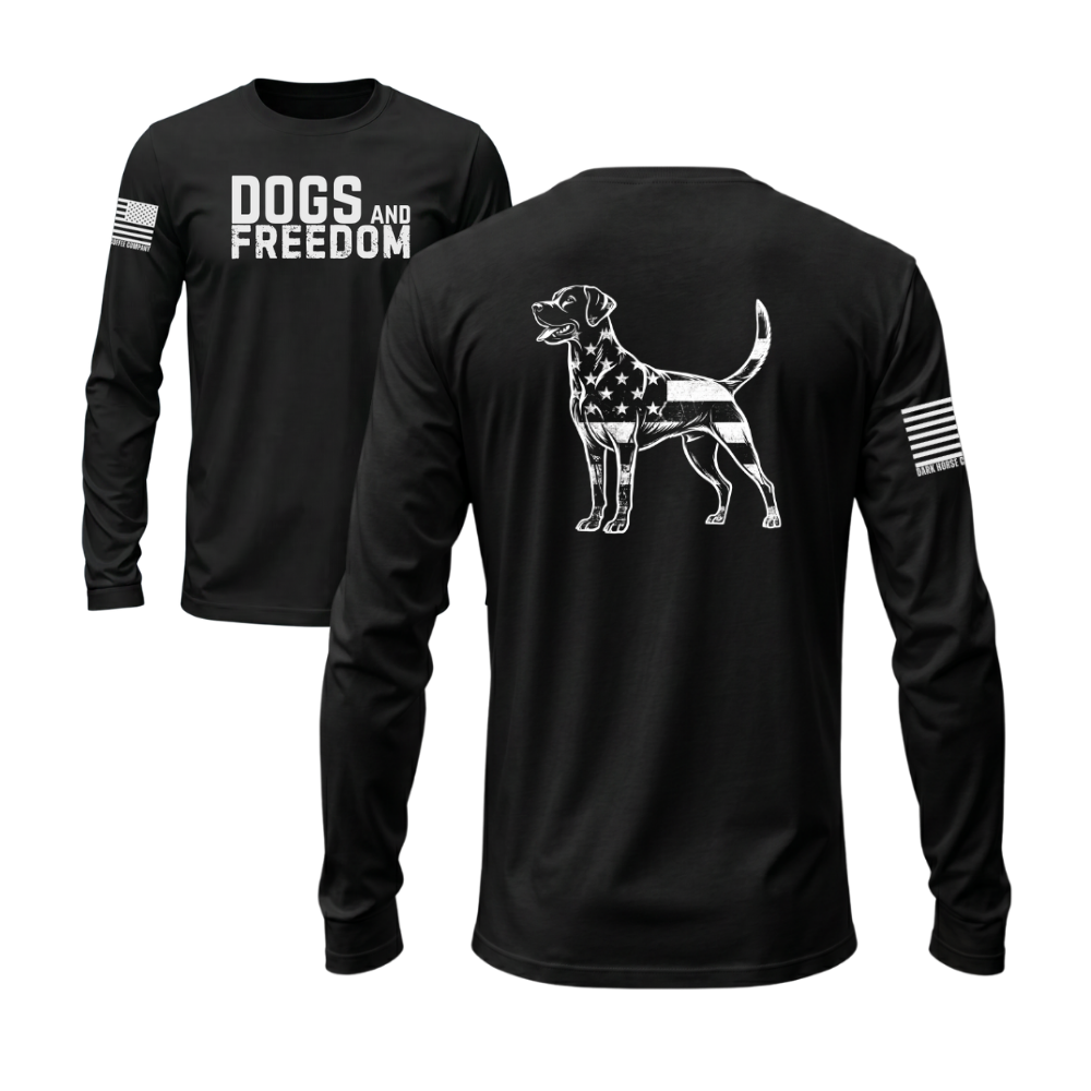 Dogs & Freedom Lab Black long sleeve tee — patriotic dog lover long sleeve designed and printed in Florida by an American-owned small business.